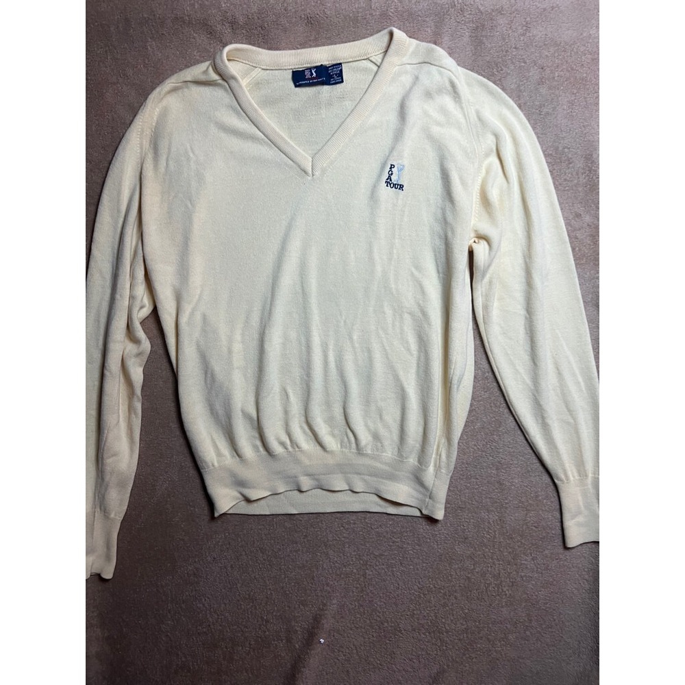 Vtg PGA Tour Sweater Men Large‎ Golf Cotton Made in USA Pale Light Yellow (Z)